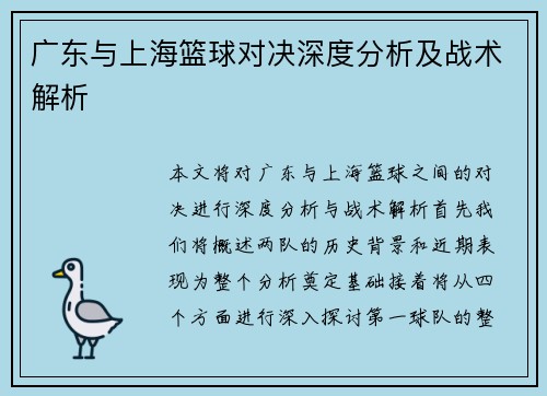 广东与上海篮球对决深度分析及战术解析